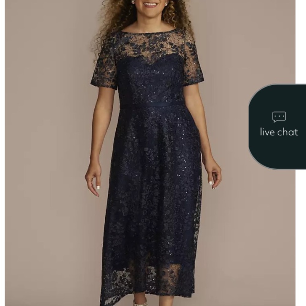 David's Bridal Midnight Blue Sequin Lace Midi Dress